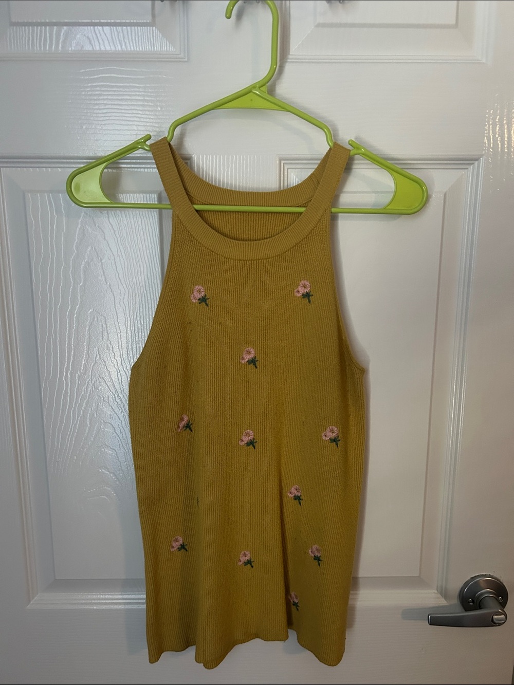 Hand Crafted Mustard Ribbed Tank with Pink Floral Embroidery
